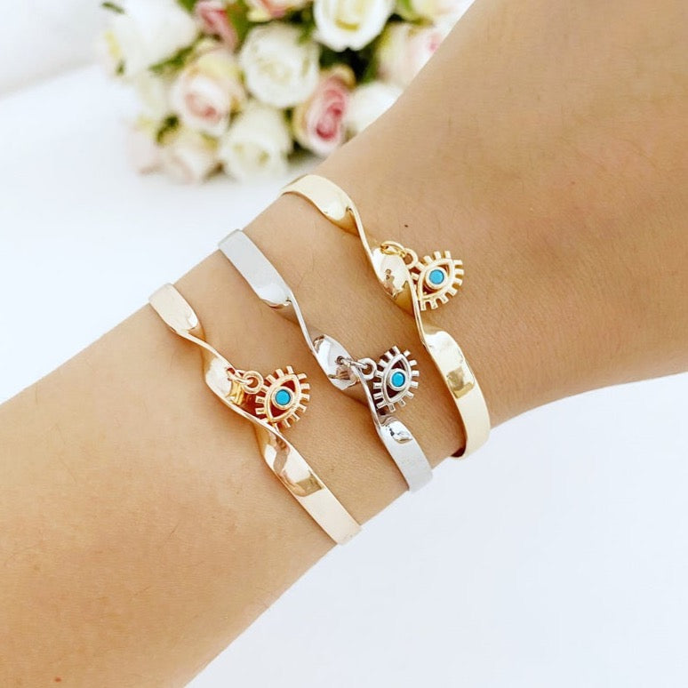 Evil Eye Cuff Bracelet, Rose Gold Silver Bracelet, Bangles