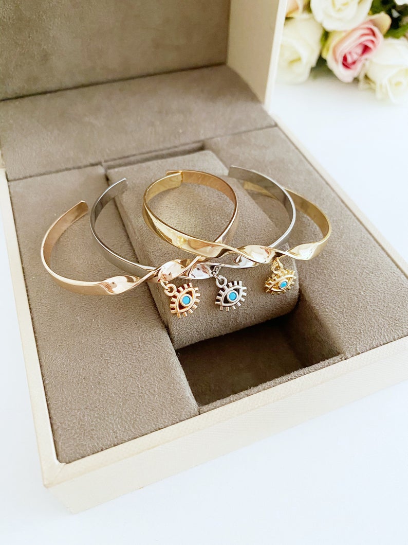 Evil Eye Cuff Bracelet, Rose Gold Silver Bracelet, Bangles